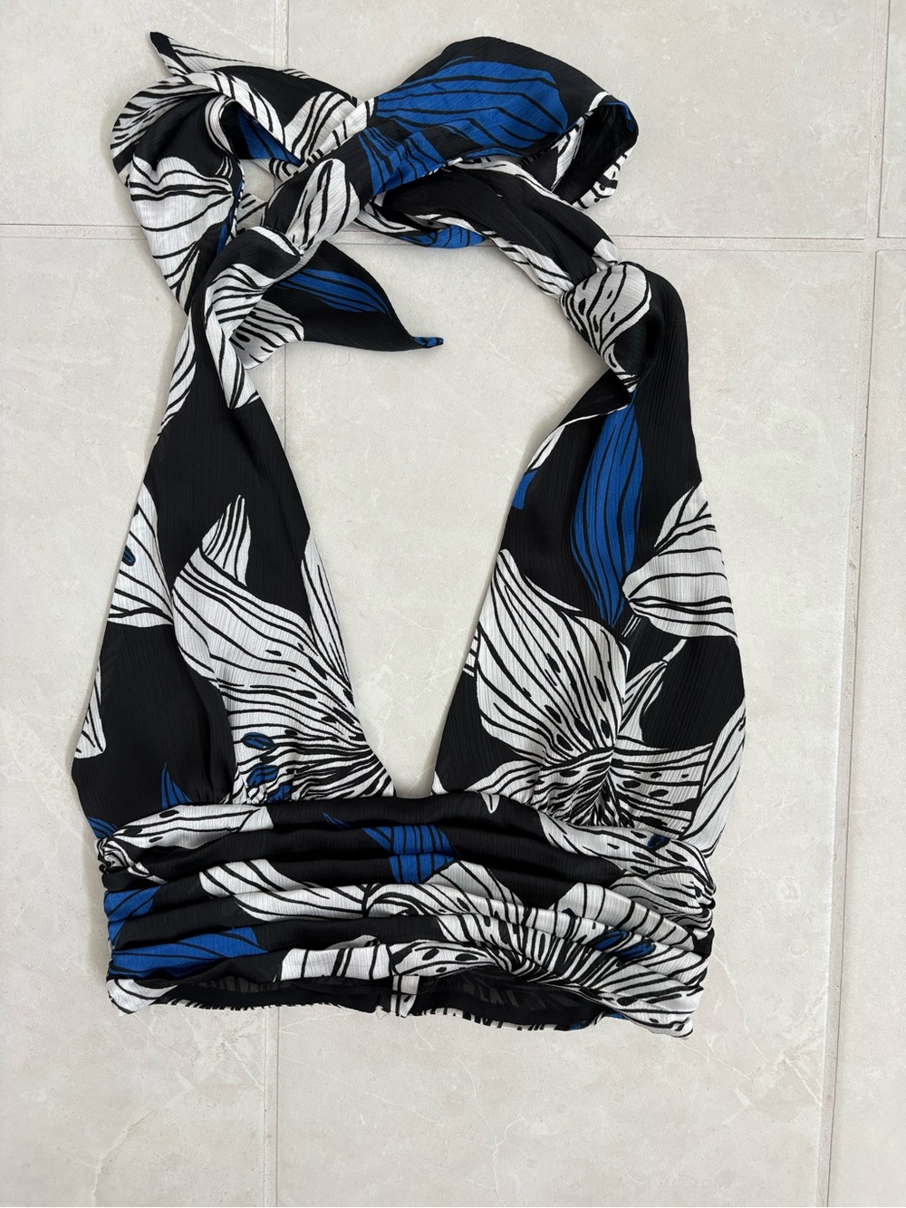 Ramy Brook Black Floral Halter Camisole with Blue and White Print